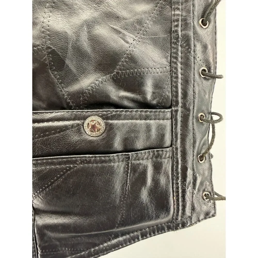 Leather Motorcycle Biker Vest Lace Up Diamond Plate Buffalo Leather Size M READ